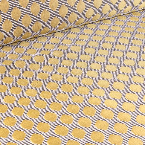 Tissu Jacquard Rayures noires pois dorés sur fond Blanc