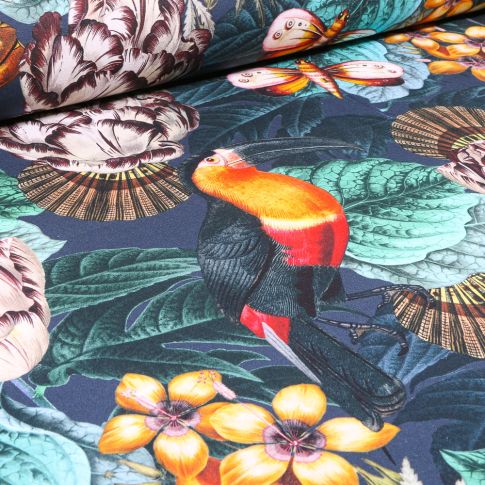 Tissu Toile de Coton Bachette Toucan Tropic sur fond Bleu nuit