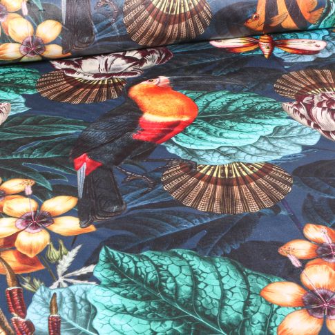 Tissu Velours d'ameublement ras épais tout doux Toucan Tropic sur fond Bleu marine