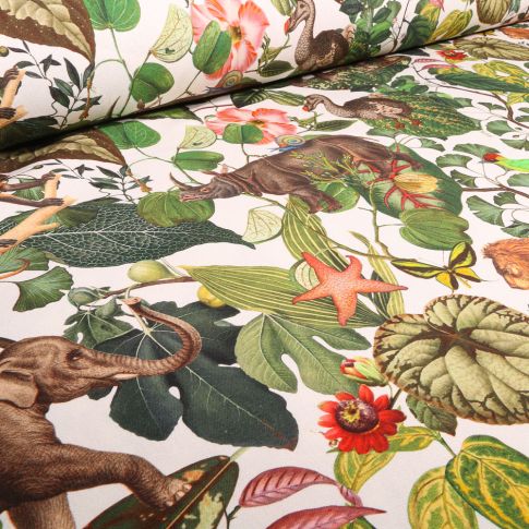 Tissu Toile de Coton Bachette Jardin extraordinaire sur fond Blanc cassé