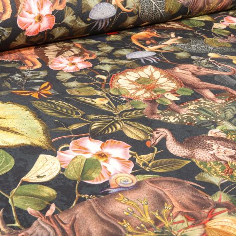 Tissu Toile de Coton Bachette Jardin extraordinaire sur fond Noir