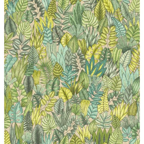 Tissu Lin d'ameublement Feuillages vert sur fond Blanc cassé