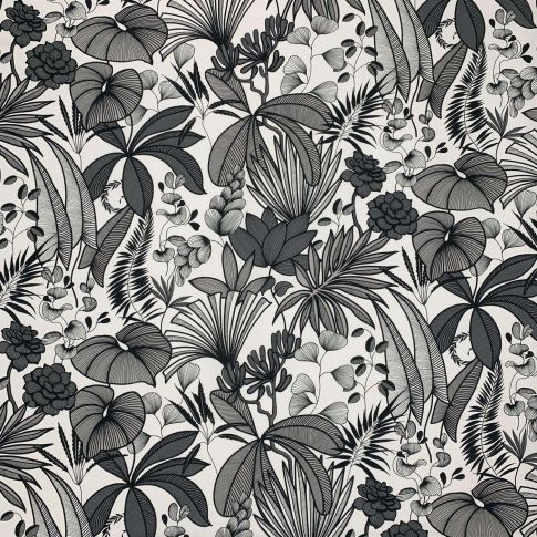Tissu Toile de Coton Feuilles et fleurs exotique sur fond Blanc