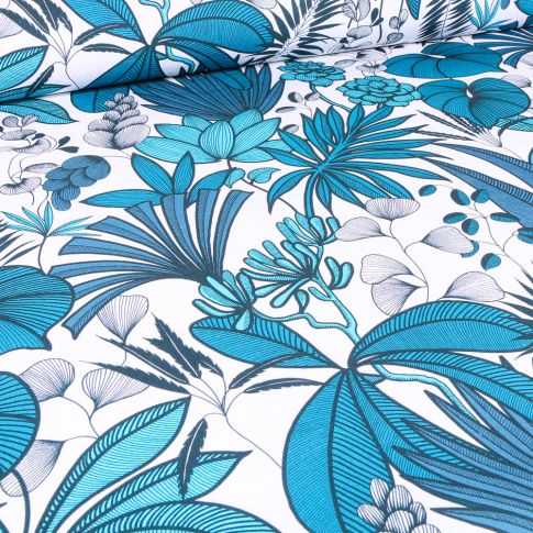 Tissu Toile de Coton Feuilles et fleurs exotiques sur fond Blanc
