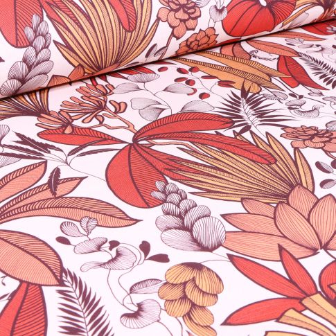Tissu Coton imprimé Arty Feuilles de palmier terracotta sur fond Blanc