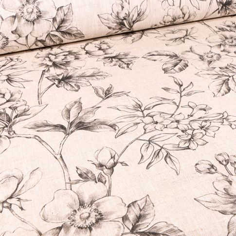 Tissu Toile de Lin Esquisse fleuris sur fond Naturel