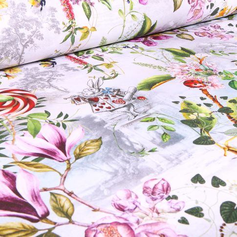 Tissu Coton imprimé Arty Alice au pays des merveilles sur fond Blanc