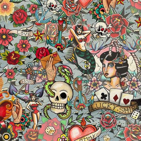 Tissu Velours d'ameublement Tattoo sur fond Gris