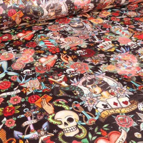 Tissu Velours d'ameublement Tattoo sur fond Noir