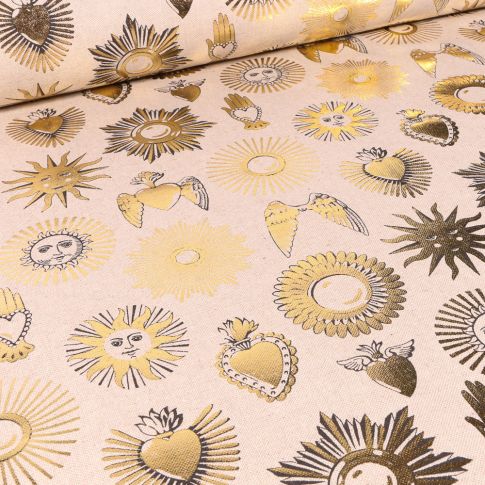 Tissu Toile de Coton Astres métallisés sur fond Naturel