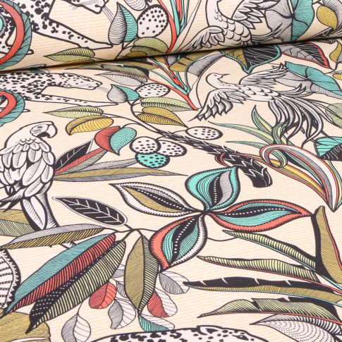 Tissu Toile de Coton Ramanba sur fond Ecru