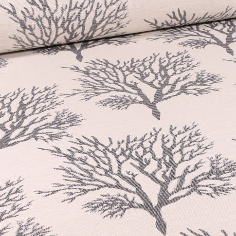 Tissu Jacquard Arbres lurex argentés sur fond Ecru