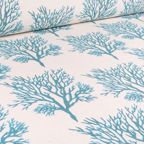 Tissu Jacquard Arbres lurex turquoise sur fond Ecru