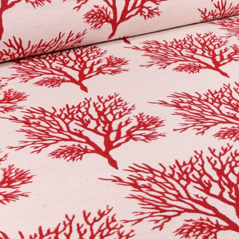 Tissu Jacquard Arbres lurex rouge sur fond Ecru