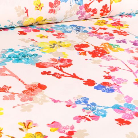 Tissu Toile de Coton Branches en fleurs multicolores sur fond Ecru