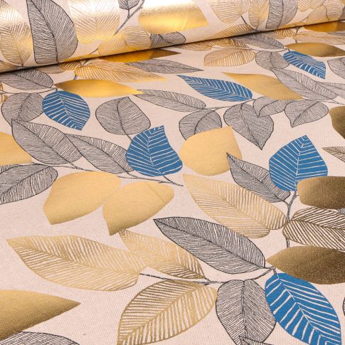 Tissu Toile de Coton Feuilles métallisés dorées et bleu sur fond Ecru