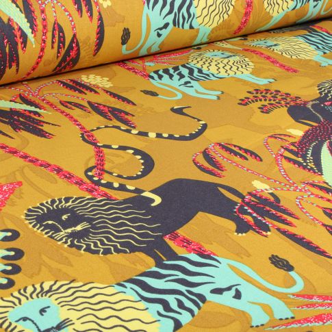 Tissu Toile de Coton Simba sur fond Jaune curry