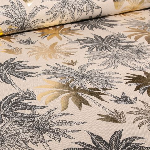 Tissu Toile de Coton Palmier métallisé doré sur fond Naturel