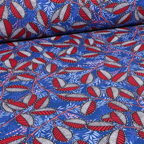 Tissu Toile de Coton Feuillages piquants sur fond Bleu