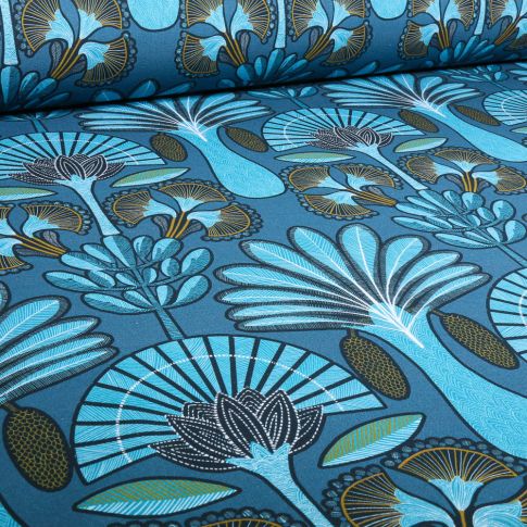Tissu Toile de Coton Jardin enchanté sur fond Bleu
