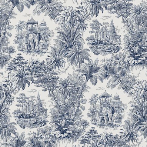 Tissu Coton Lin Maharani Marine sur fond Blanc
