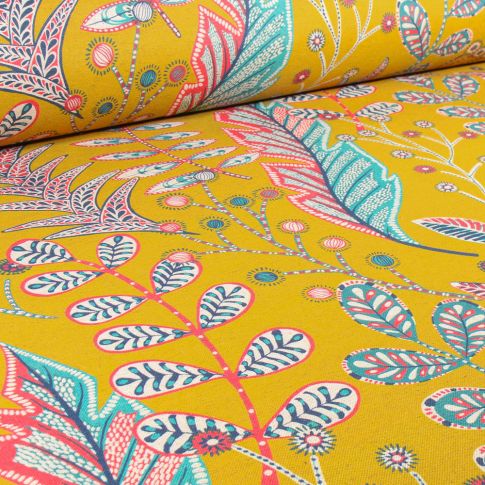Tissu Toile Coton Lin Zanelia sur fond Jaune