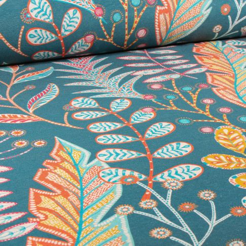 Tissu Toile Coton Lin Zanelia sur fond Bleu pétrole