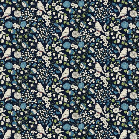 Tissu Viscose Birds flowers sur fond Bleu marine