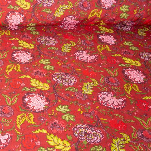 Tissu Viscose Sanfor Jodhpur floral sur fond Rouge