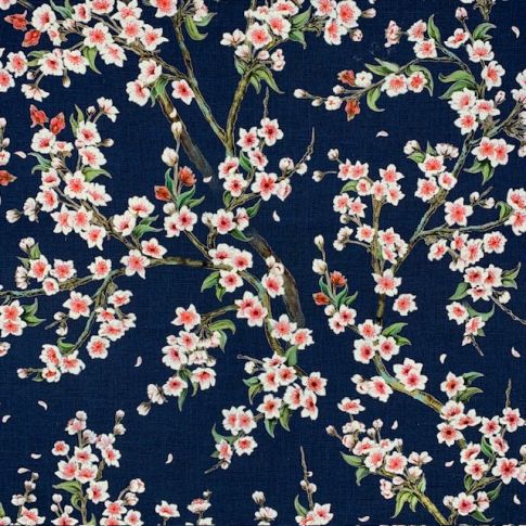 Tissu Toile de Coton Merisier sur fond Bleu marine