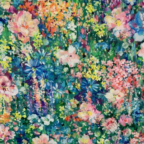 Tissu Toile de Coton Giverny fleuris sur fond Bleu