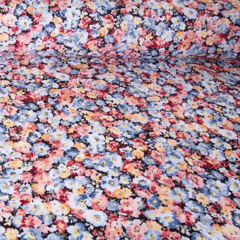 Tissu Viscose Sanfor Christy fleuris bleu sur fond Noir