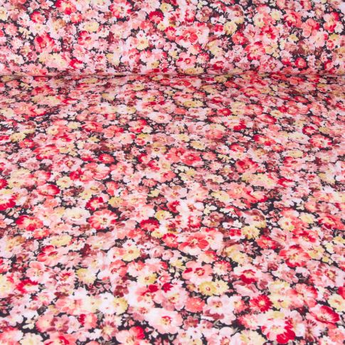 Tissu Viscose Sanfor Christy fleuris bois de rose sur fond Noir