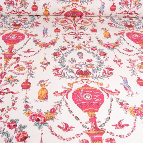 Tissu Toile de Coton Limoges rose sur fond Blanc