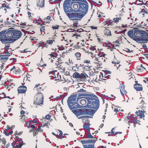 Tissu Toile de Coton Limoges bleu sur fond Blanc
