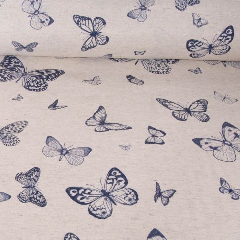 Tissu Toile de Coton Lin Papillon marine sur fond Naturel