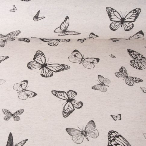 Tissu Toile de Coton Lin Papillon noir sur fond Naturel