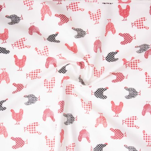 Tissu Coton Enduit Mini Poulettes rouges sur fond Naturel
