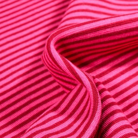 Tissu Bord côte  Rayé rouge sur fond Rose