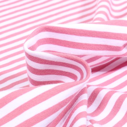 Tissu Jersey Coton rayures 5mm Rose bébé sur fond Blanc