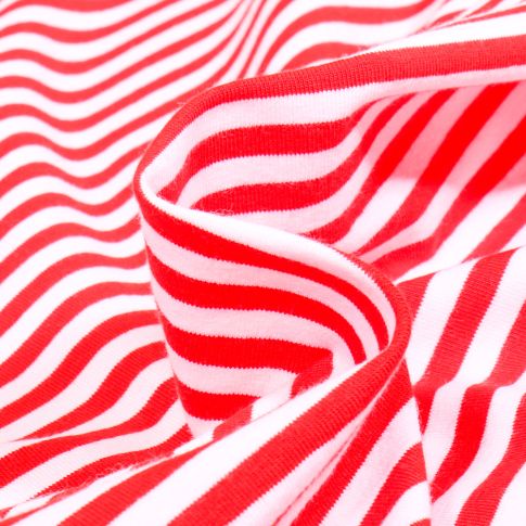 Tissu Jersey Coton rayures 5mm Rouge sur fond Blanc