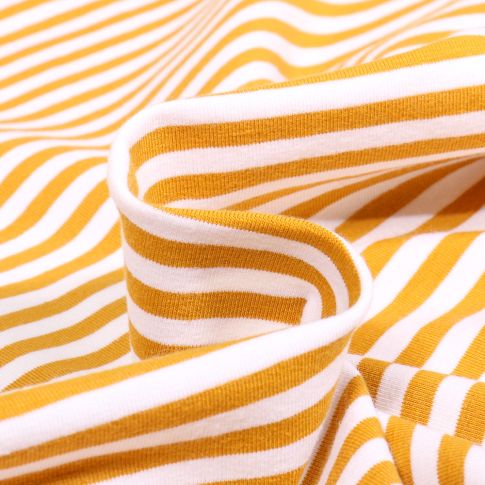 Tissu Jersey Coton rayures 5mm Ocre sur fond Blanc