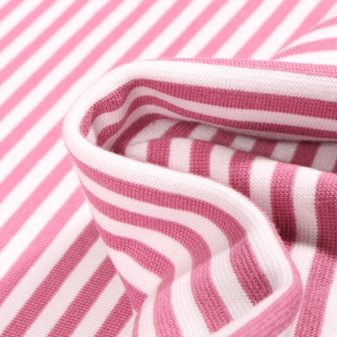 Tissu Bord côte Rayures 5mm vieux rose sur fond Blanc
