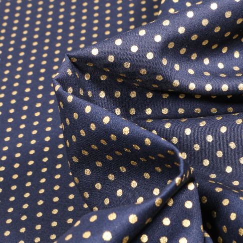 Tissu Coton imprimé Mini pois dorés 3 mm sur fond Bleu nuit