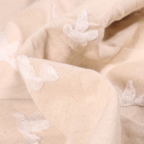 Tissu Lin Viscose Oiseaux brodés sur fond Naturel