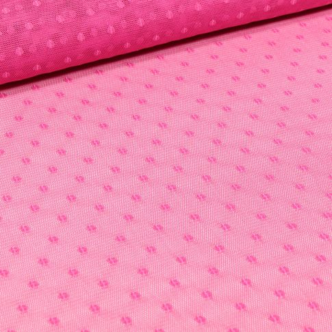 Tissu Tulle souple à pois  rose sur fond Rose fuchsia