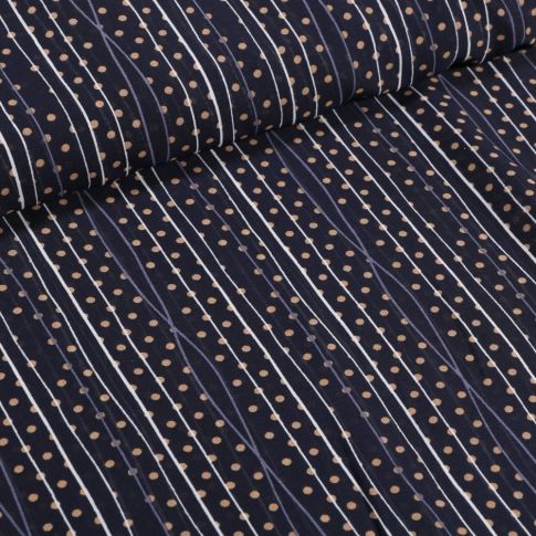 Coupon Tissu Mousseline Rayures et pois beige sur fond Bleu marine - Coupon de 40 cm