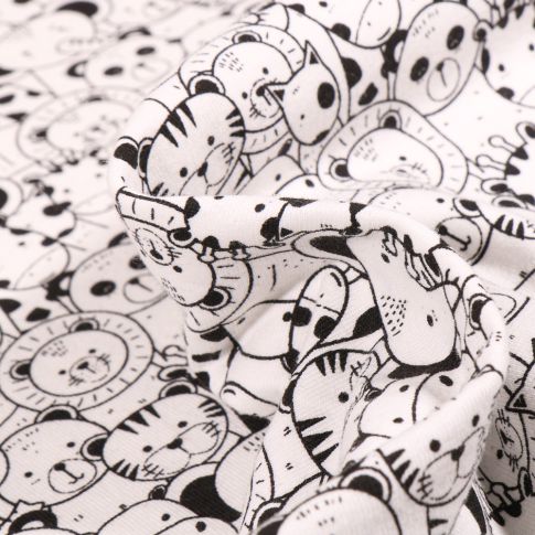 Tissu Jersey Coton Animaux noir et blanc sur fond Blanc