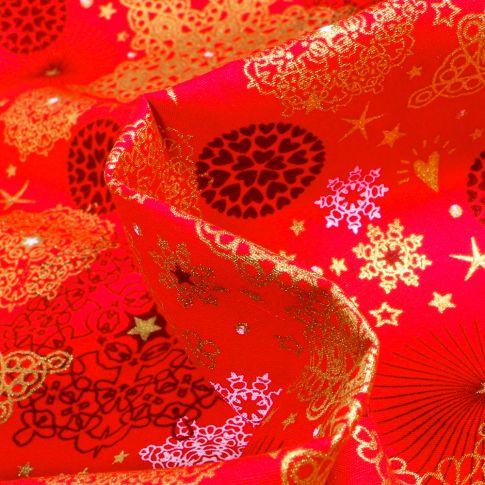 Tissu Coton imprimé Décorations de noël sur fond Rouge
