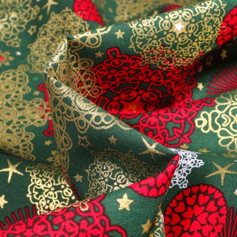 Tissu Coton imprimé Décorations de noël sur fond Vert sapin